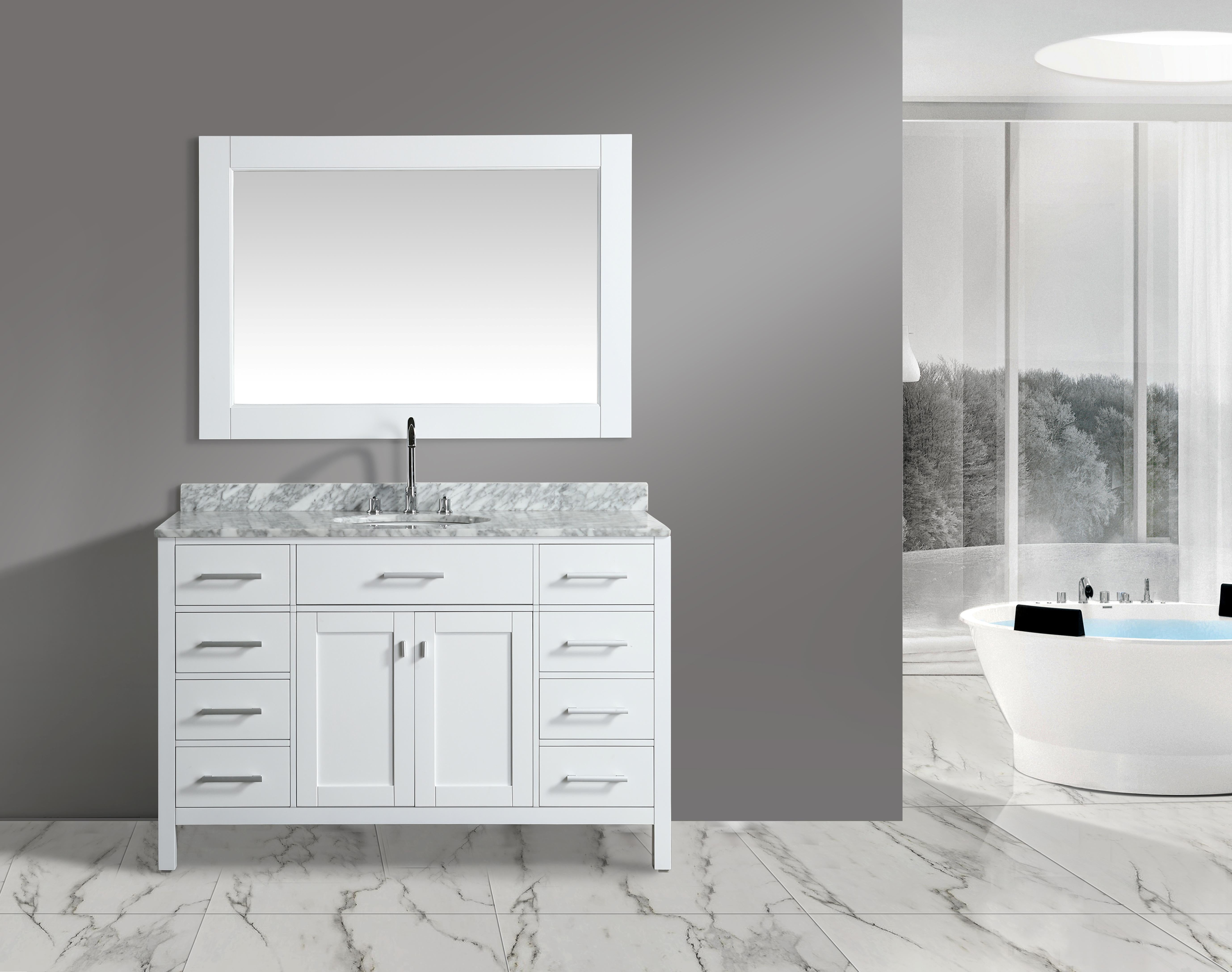 London 54" Single Sink Vanity in White with Marble Vanity Top with Matching Mirror