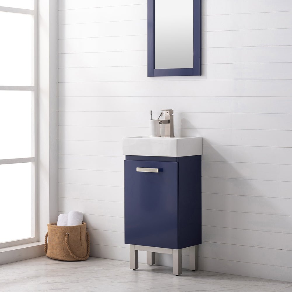 Stella 16.5" Single Sink Vanity with Porcelain Top - Design Element Bath Kitchen - Bathroom Vanity - Navy with Satin Gold Hardware