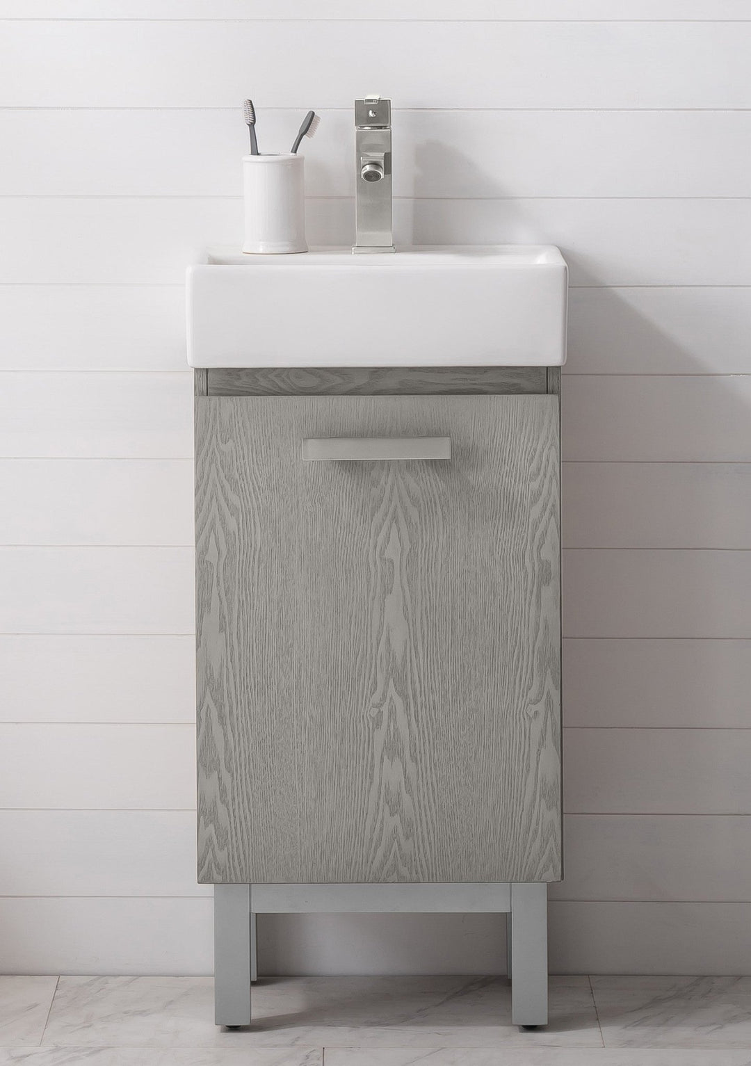 Stella 16.5" Single Sink Vanity with Porcelain Top - Design Element Bath Kitchen - Bathroom Vanity - Gray Oak with Silver Satin Hardware