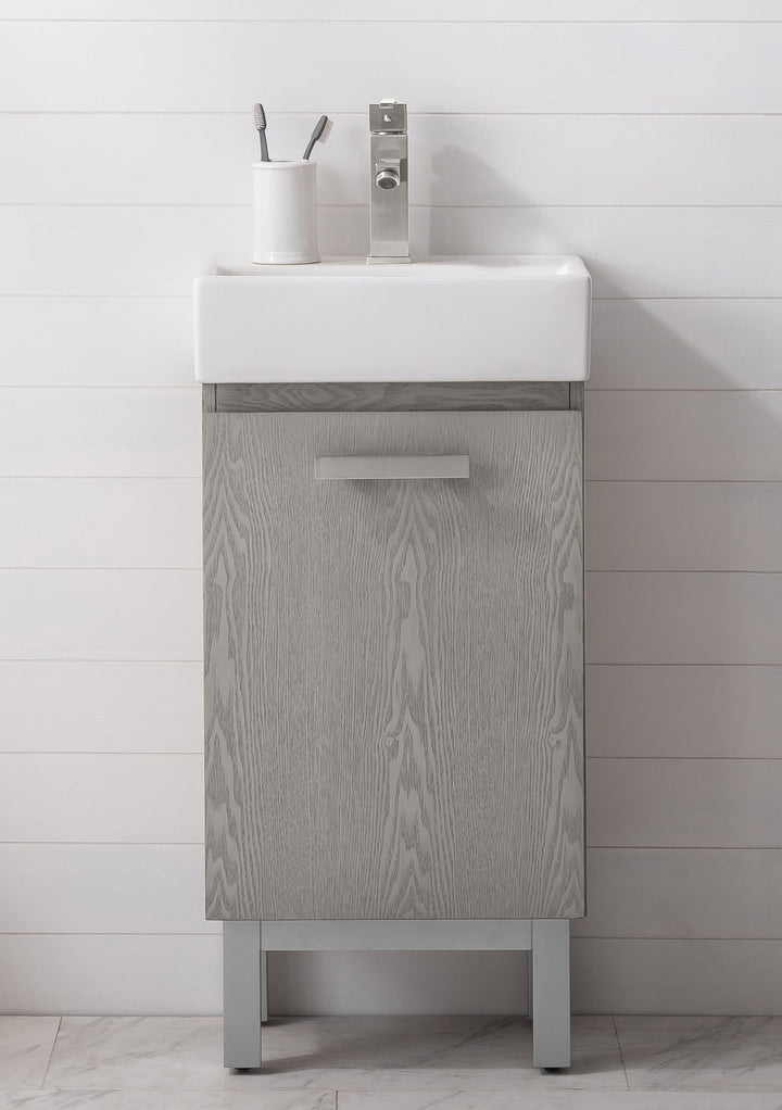 Stella 16.5" Single Sink Vanity with Porcelain Top - Design Element Bath Kitchen - Bathroom Vanity - Gray Oak with Silver Satin Hardware
