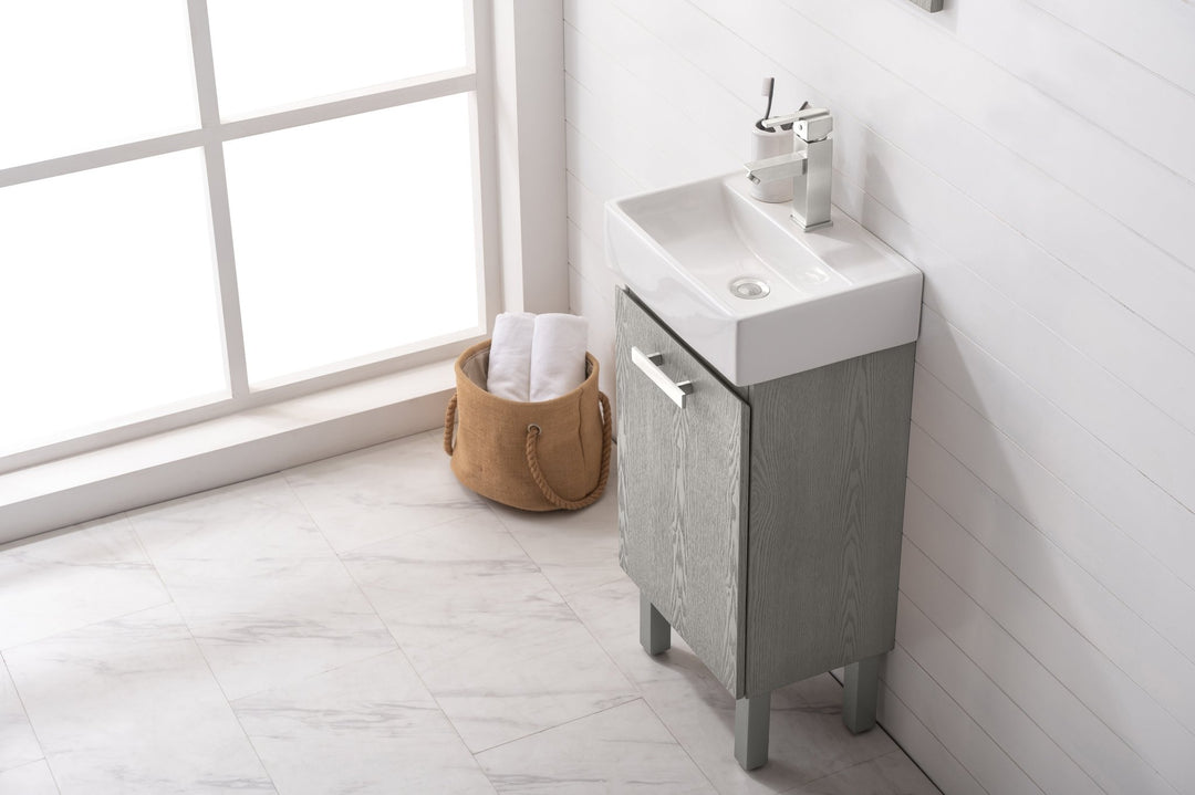 Stella 16.5" Single Sink Vanity with Porcelain Top - Design Element Bath Kitchen - Bathroom Vanity - Gray Oak with Silver Satin Hardware