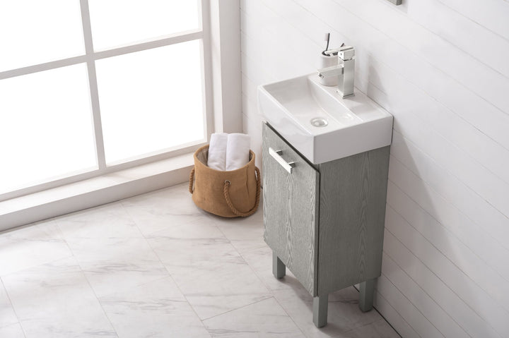 Stella 16.5" Single Sink Vanity with Porcelain Top - Design Element Bath Kitchen - Bathroom Vanity - Gray Oak with Silver Satin Hardware