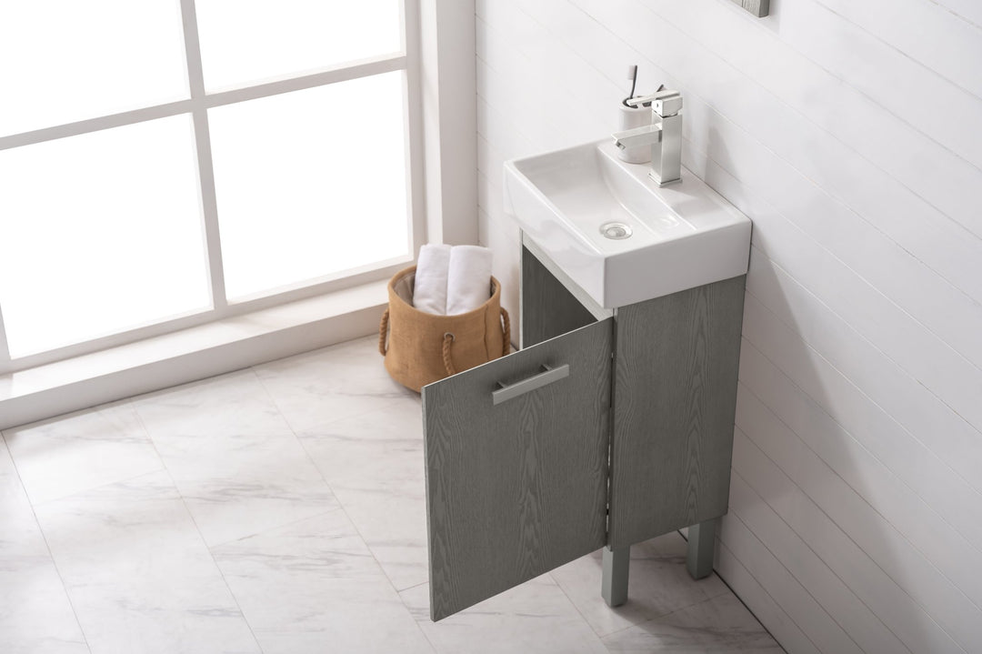 Stella 16.5" Single Sink Vanity with Porcelain Top - Design Element Bath Kitchen - Bathroom Vanity - Gray Oak with Silver Satin Hardware