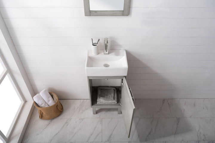 Stella 16.5" Single Sink Vanity with Porcelain Top - Design Element Bath Kitchen - Bathroom Vanity - Gray Oak with Silver Satin Hardware