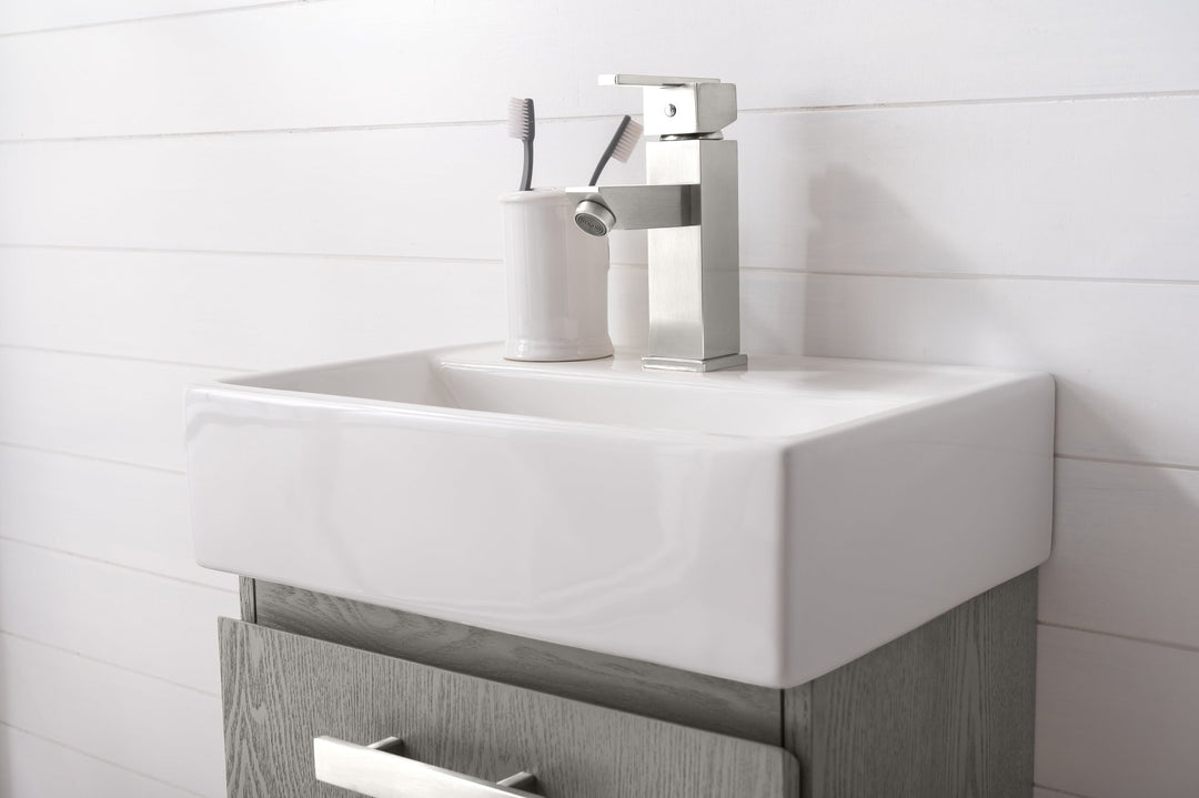 Stella 16.5" Single Sink Vanity with Porcelain Top - Design Element Bath Kitchen - Bathroom Vanity - Gray Oak with Silver Satin Hardware