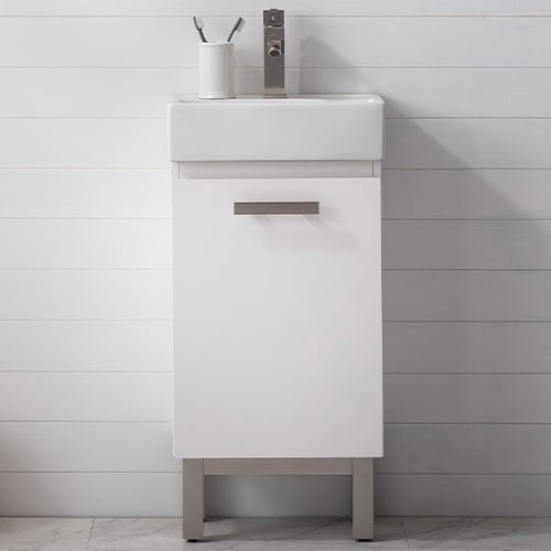 Stella 16.5" Single Sink Vanity with Porcelain Top - Design Element Bath Kitchen - Bathroom Vanity - White with Silver Satin Hardware